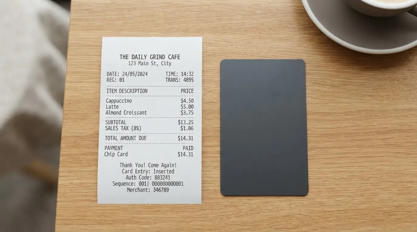 A receipt and a card on a café table
