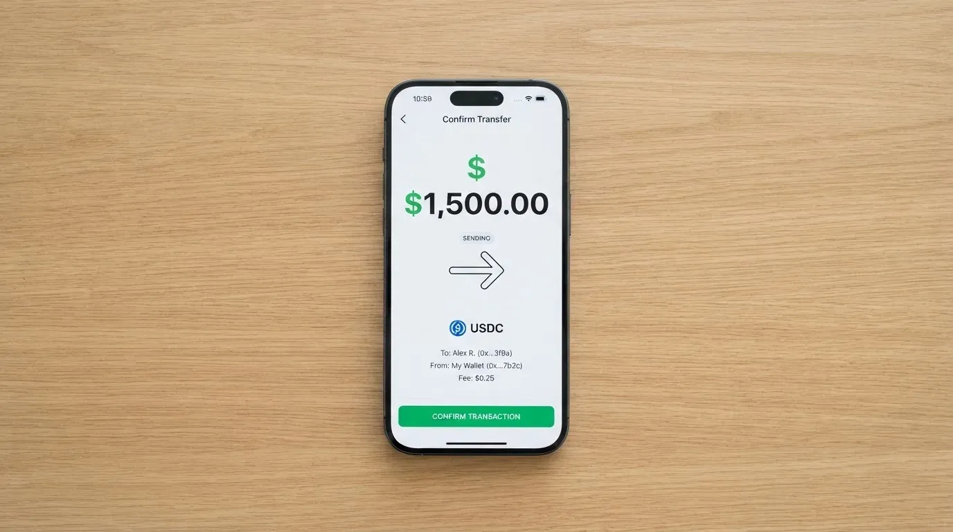 A phone showing a stablecoin transfer screen