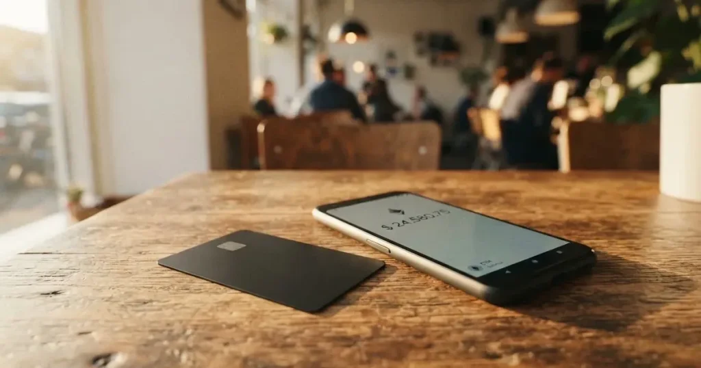 A payment card next to a phone with a crypto wallet app open