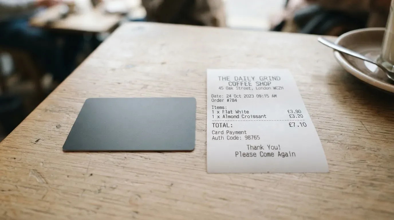 A receipt and a card on a café table