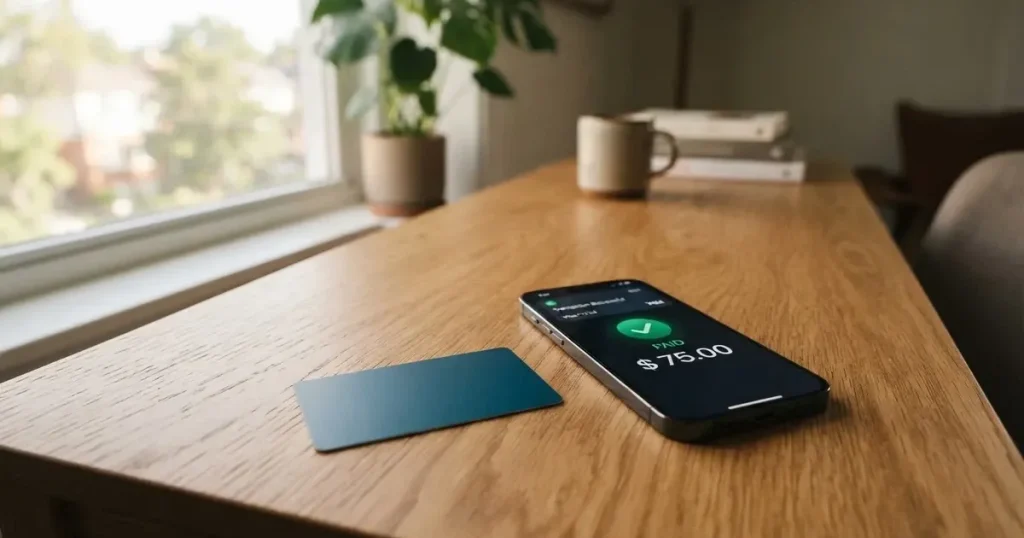 A payment card next to a phone with a crypto wallet app open