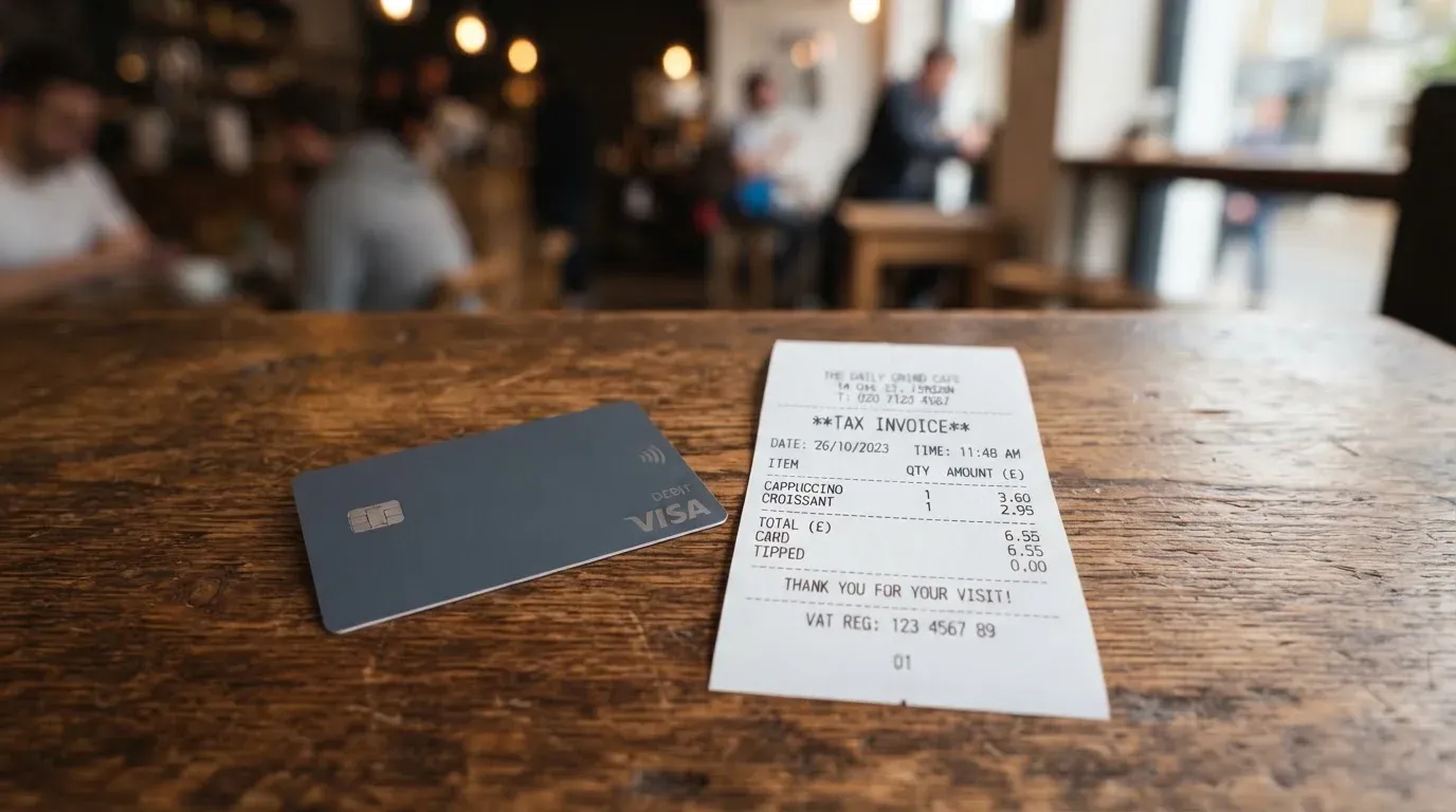 A receipt and a card on a café table