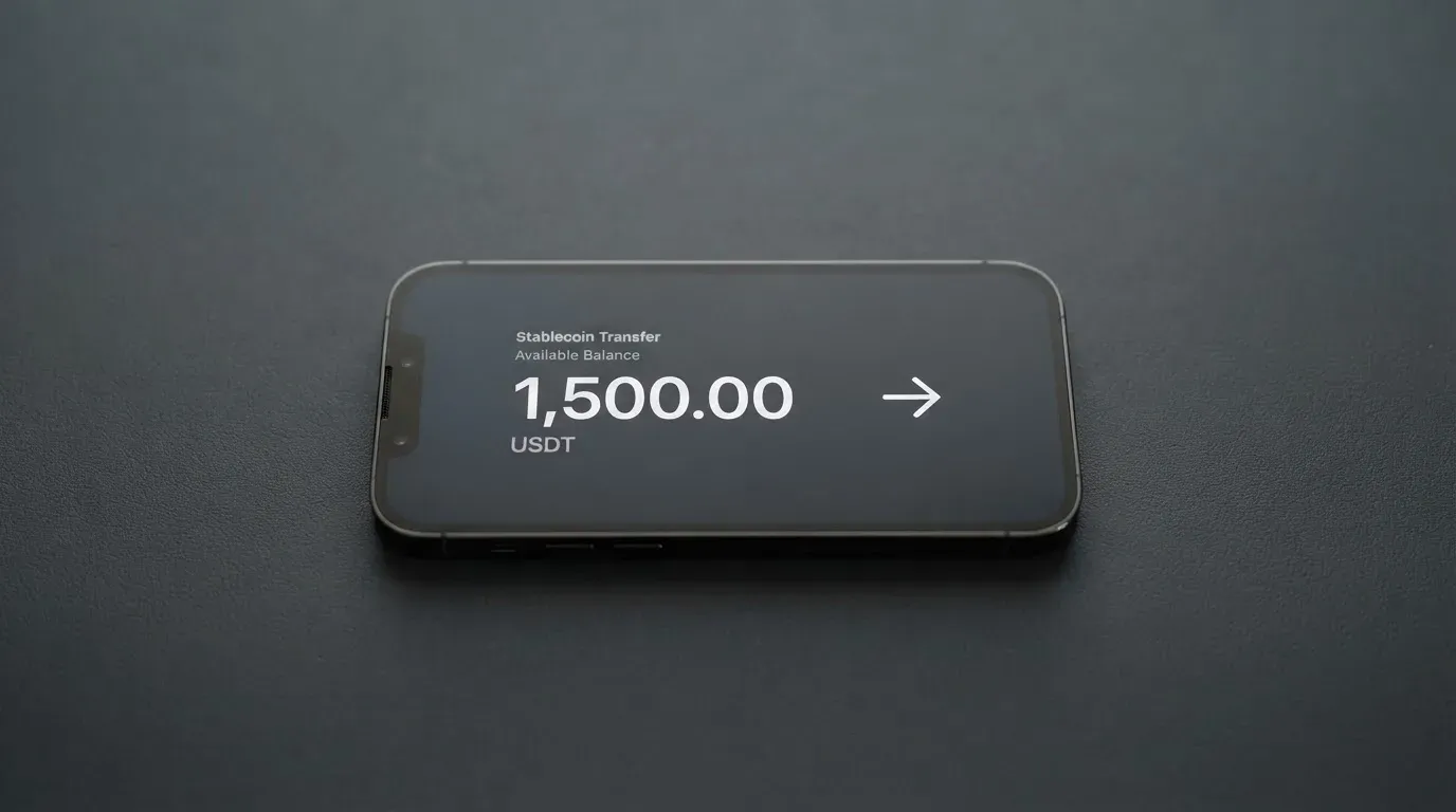A phone showing a stablecoin transfer screen