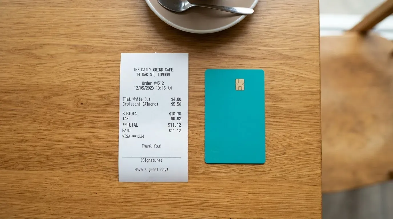 A receipt and a card on a café table