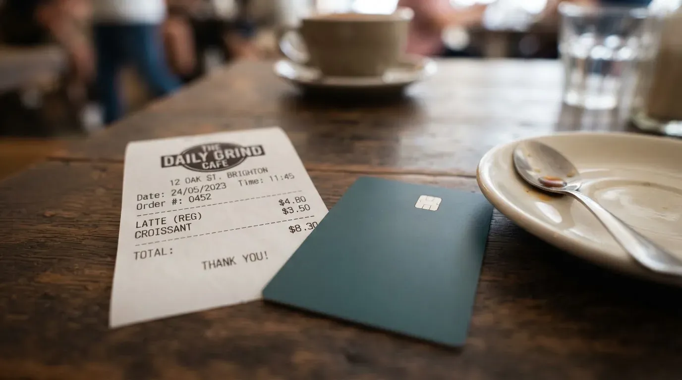 A receipt and a card on a café table