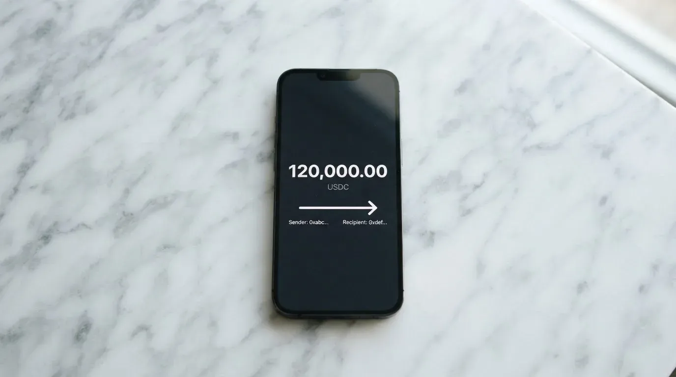 A phone showing a stablecoin transfer screen